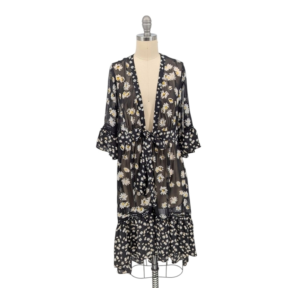 01369 Cabi Floral Sunflower Robe Dress Black White S waist tie ruffle bohemian